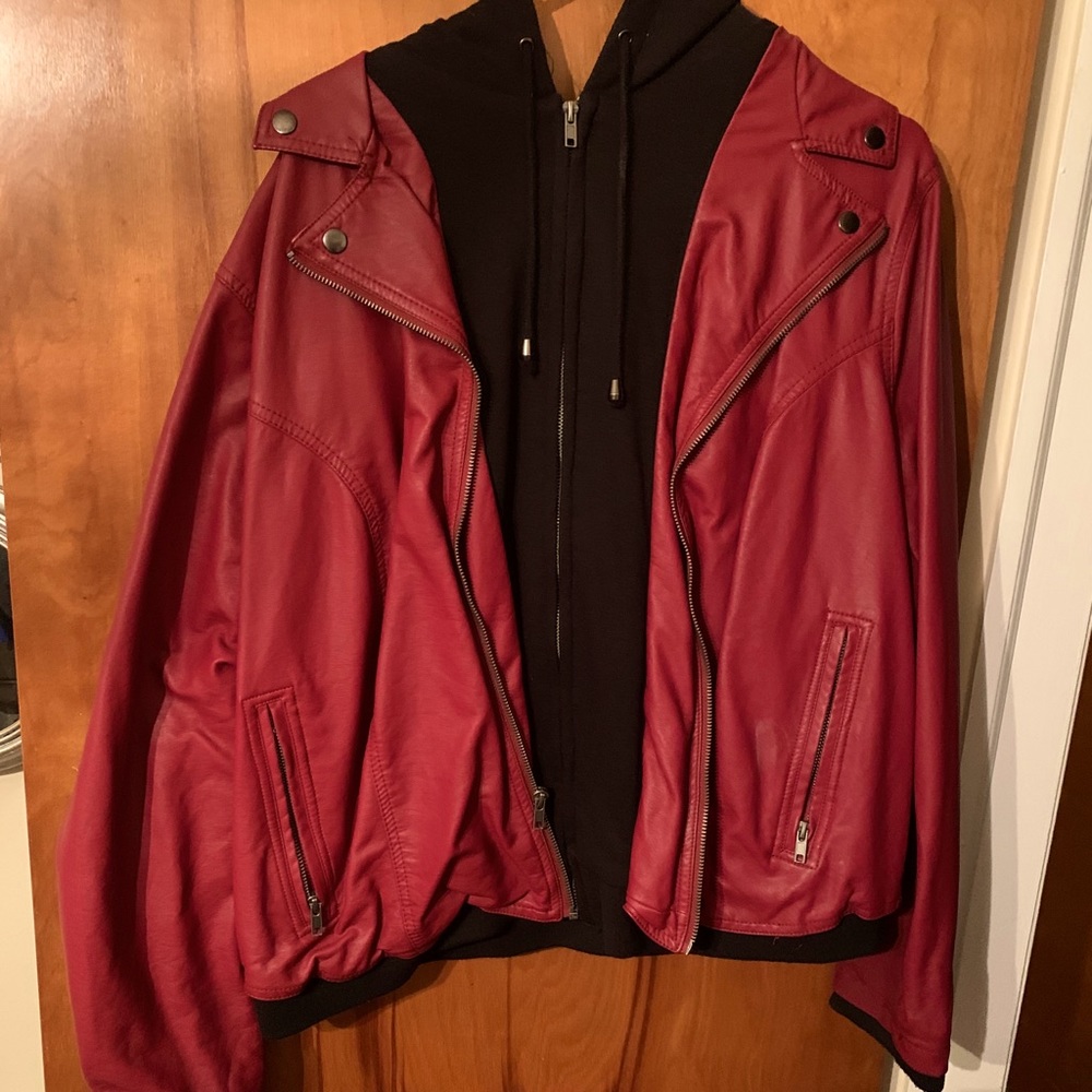 Red leather jacket with hoodie insert